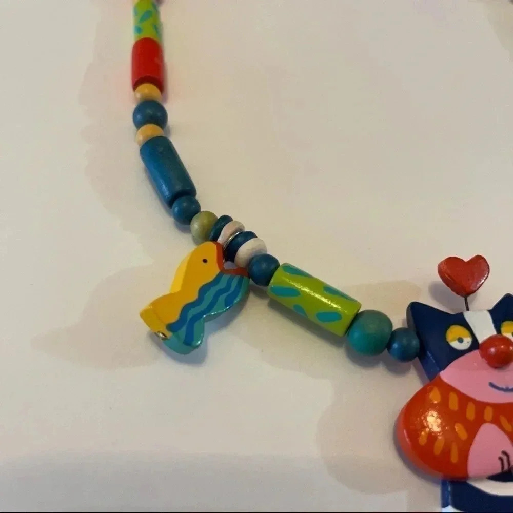 Vintage Signed Tatiri Fashion Hand Crafted Wooden Cat Tail Dangle Necklace RARE - Picture 3 of 7